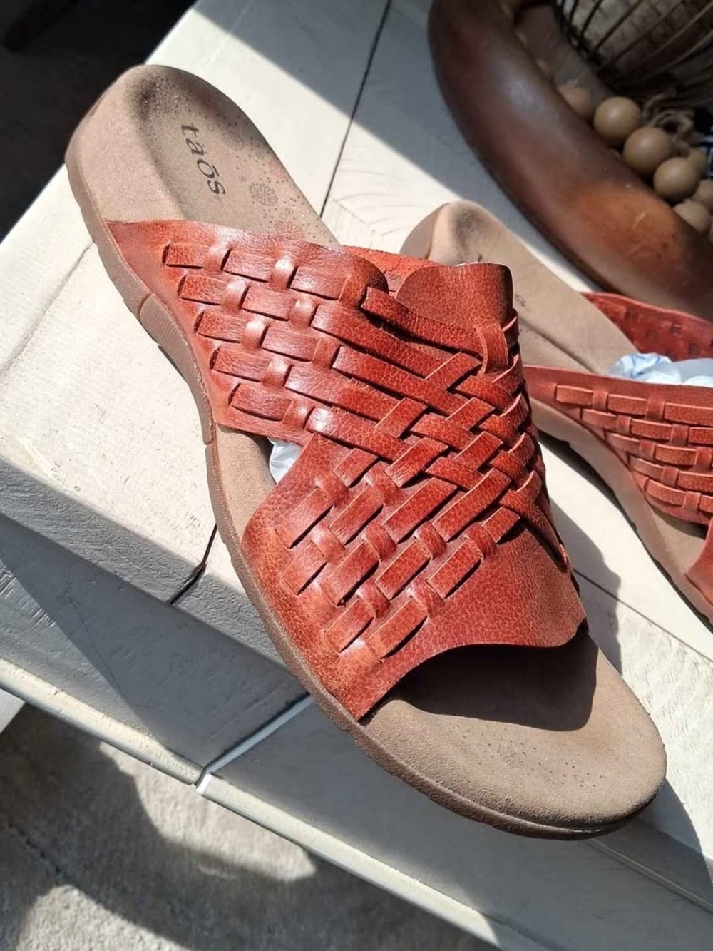Taos Footwear Women's Woven Slide Sandal in Cognac